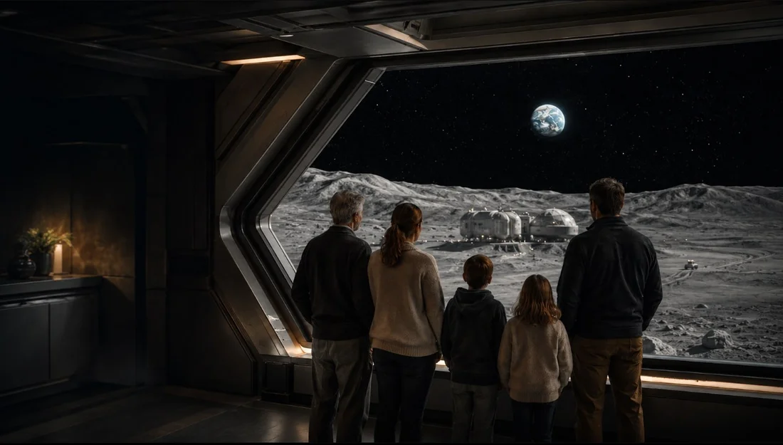 Illustration of a family looking back at Earth from a lunar settlement