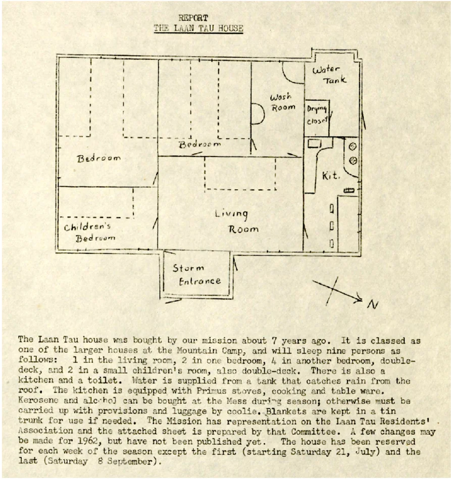 Floor plan of the Baptist cabin at Lantau Mountain Camp Hand-drawn floor plan of a Baptist cabin at Lantau Mountain Camp showing its compact rooms and furnishings